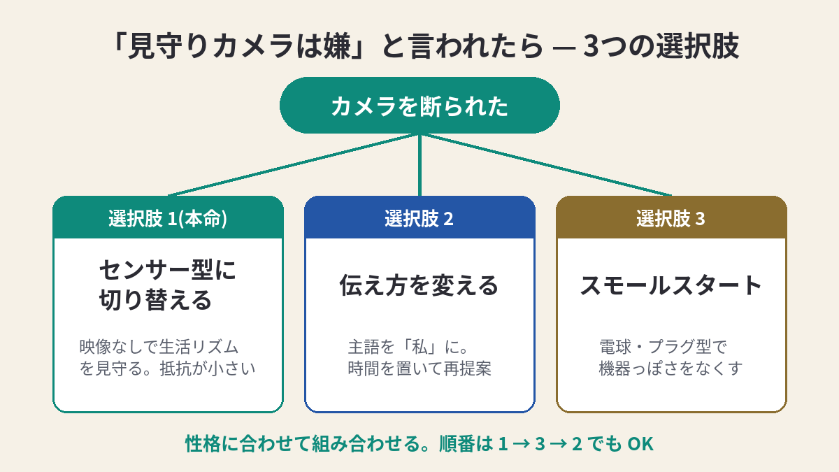 カメラを断られた後の3つの選択肢のフローチャート