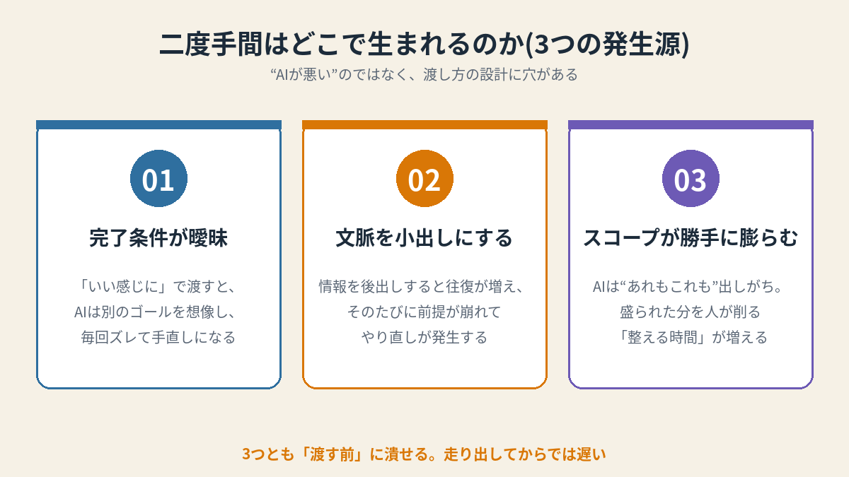 二度手間の3つの発生源。完了条件が曖昧・文脈を小出しにする・スコープが勝手に膨らむ、の3カード図
