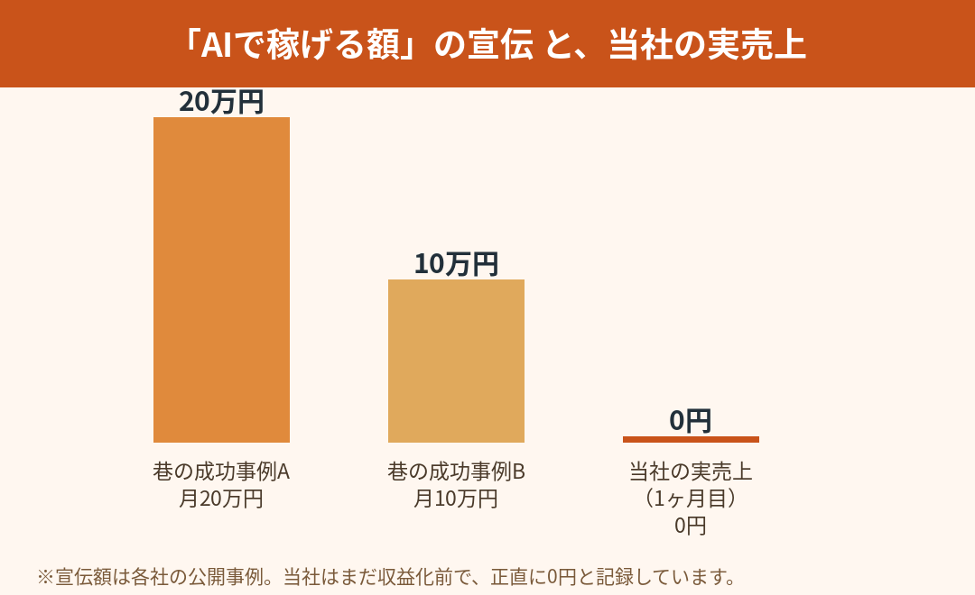 AIで稼げる額の宣伝と当社の実売上の比較棒グラフ。巷の成功事例は月20万円・月10万円、当社の実売上は1ヶ月目0円