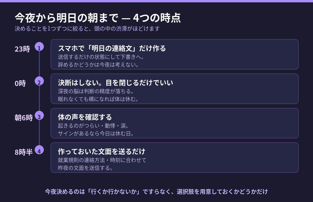 今夜から明日の朝までの4つの時点(23時・0時・朝6時・8時半)