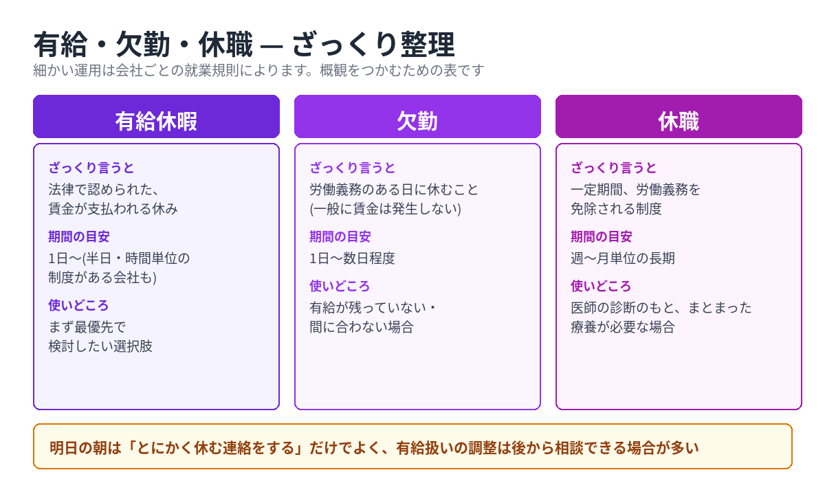 有給休暇・欠勤・休職の違いの比較表