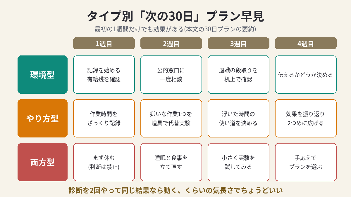 環境型・やり方型・両方型それぞれの30日プラン早見表(週ごとの行動)
