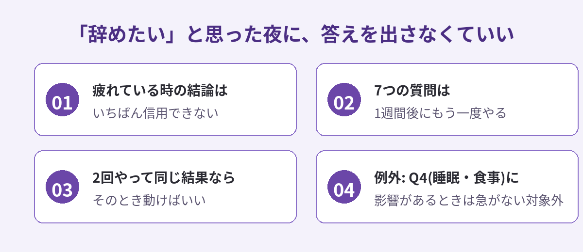 「辞めたい」と思った夜に答えを出さなくていい4つの目安をカードで示した図
