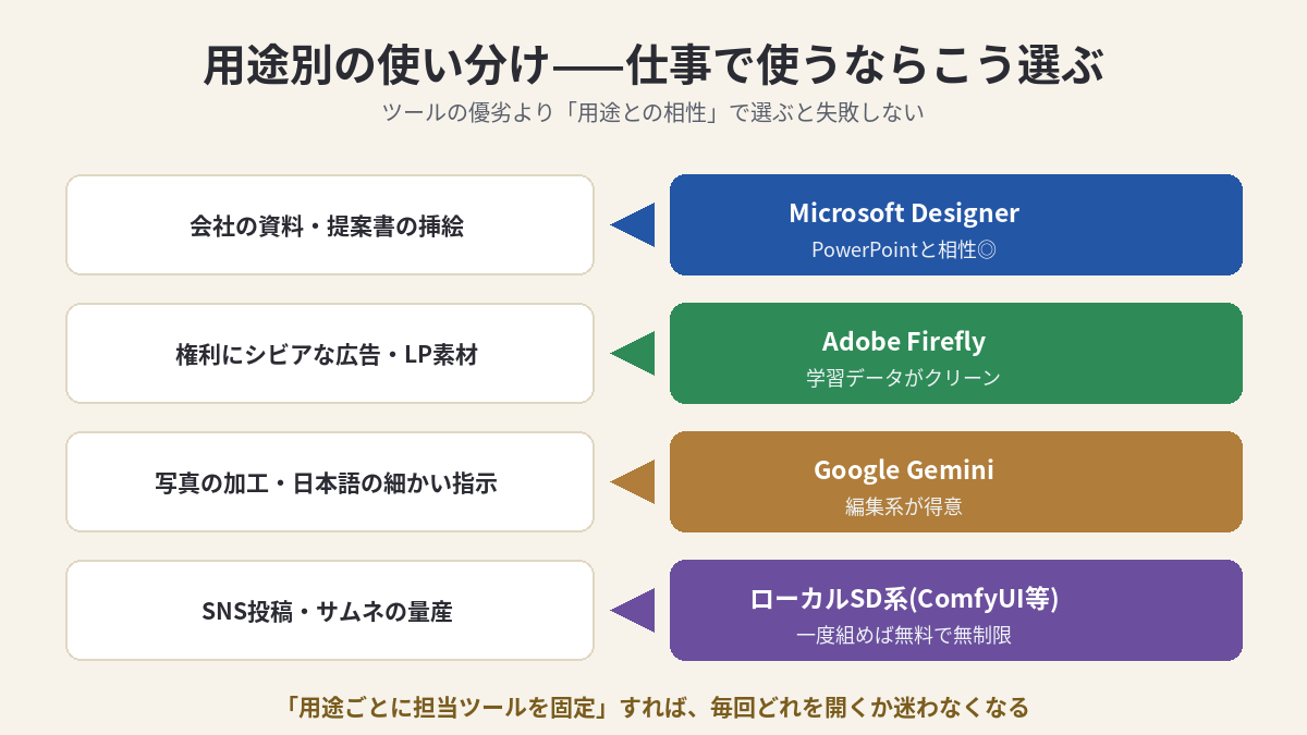 用途別の使い分け早見。資料はDesigner・権利シビアはFirefly・写真加工はGemini・量産はローカルSD系