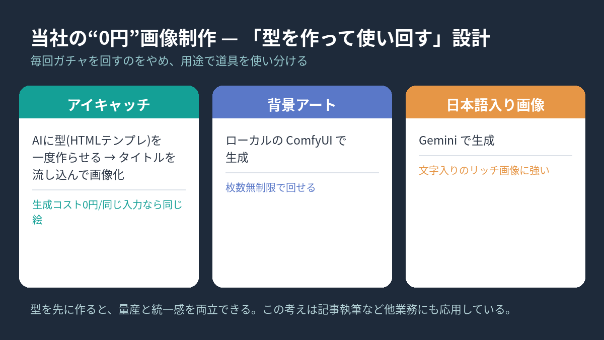 当社の0円画像制作の使い分け図。アイキャッチはAIに作らせた型に流し込み、背景アートはComfyUI、日本語入り画像はGeminiで生成