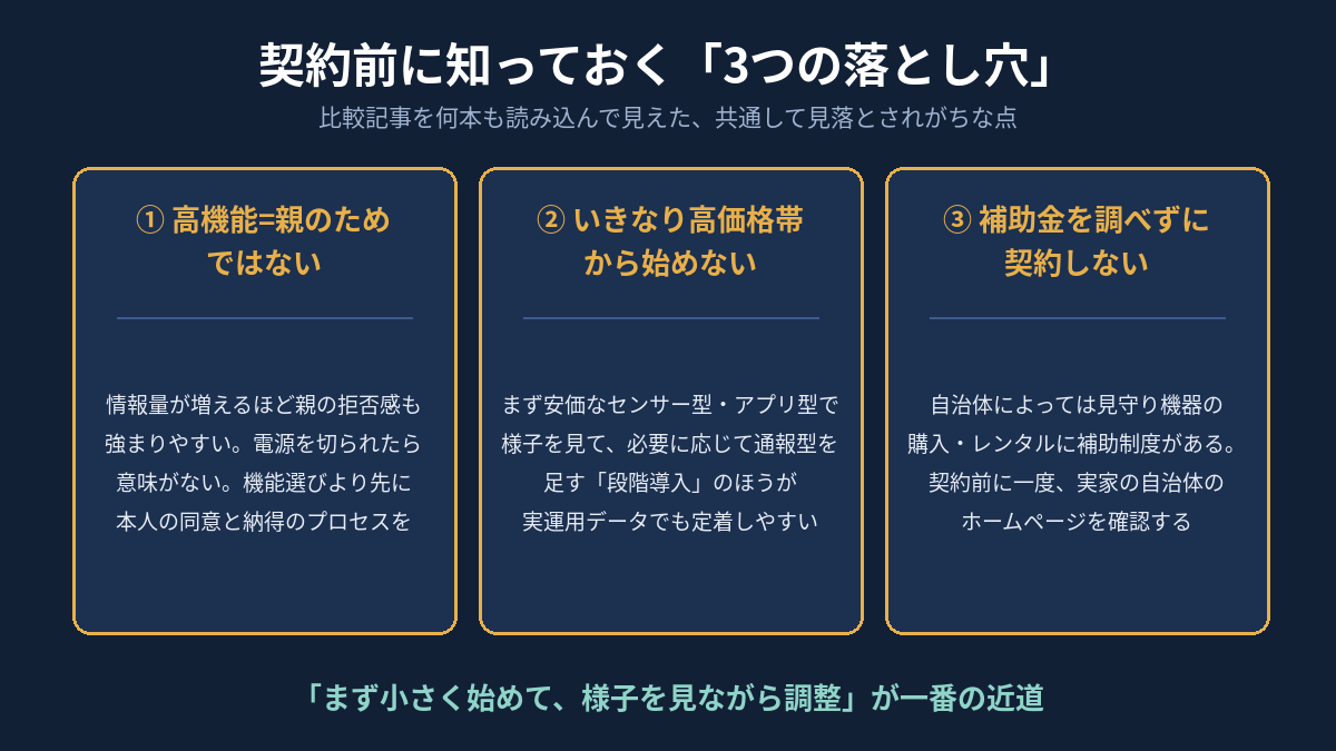 契約前に知っておく3つの落とし穴。高機能=親のためではない、いきなり高価格帯から始めない、補助金を調べずに契約しない