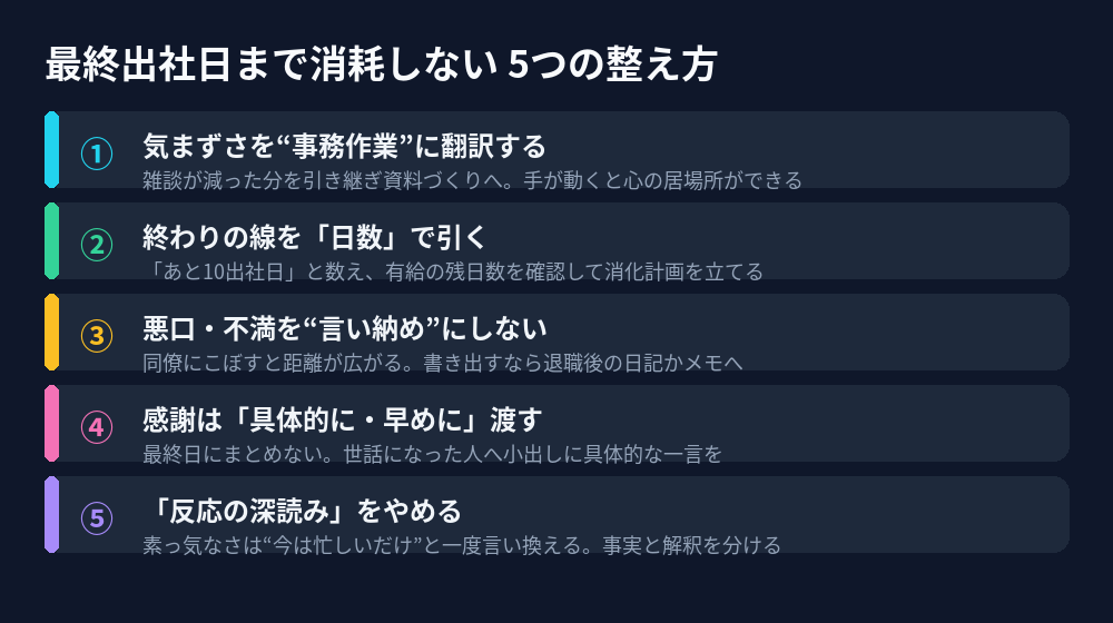 最終出社日まで消耗しない5つの整え方。事務作業への翻訳・日数で数える・悪口を言い納めにしない・感謝を早めに・反応を深読みしない