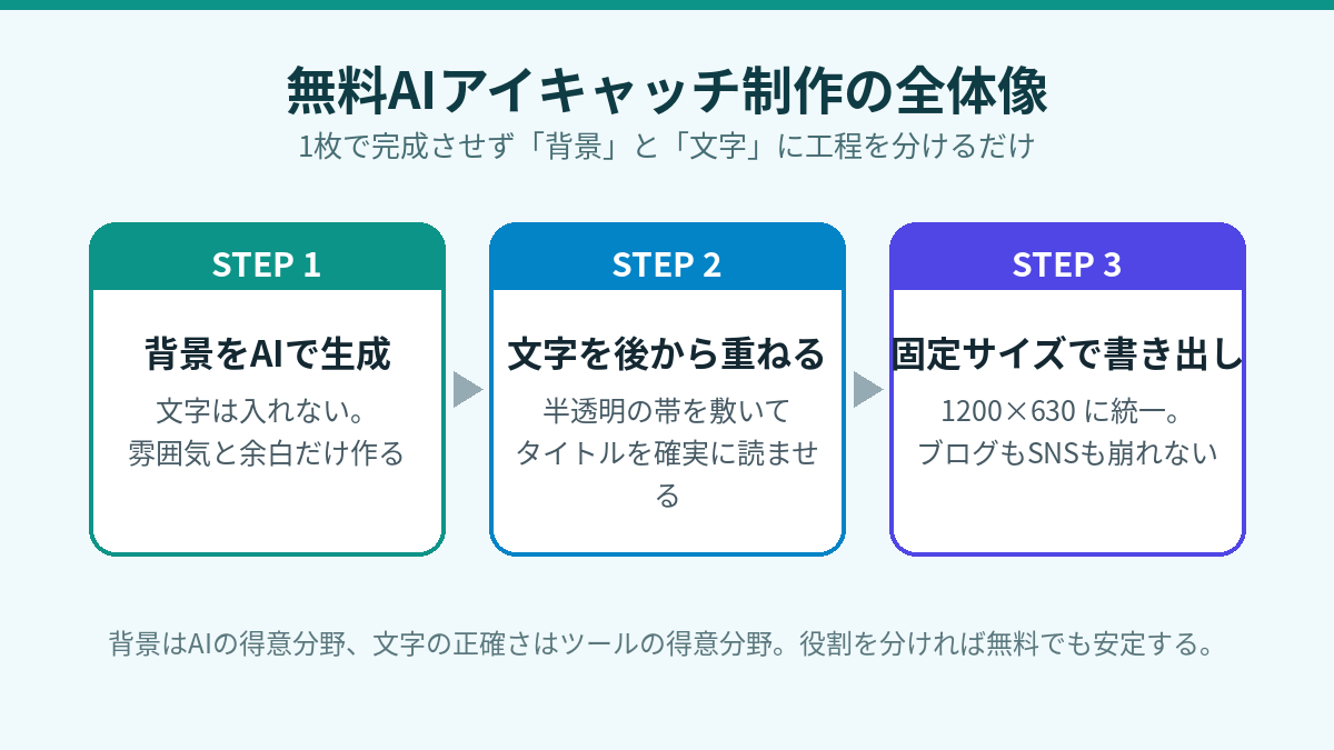 無料AIでブログのアイキャッチを作る全体の流れ。背景をAIで生成し、文字をあとから重ね、1200×630で書き出すという3工程のフロー図