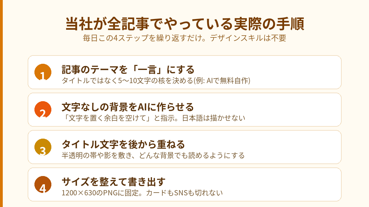 当社がアイキャッチを自作する4ステップ。1テーマを一言に、2背景をAI生成、3文字を重ねる、4サイズを整えて書き出す、という段取り図
