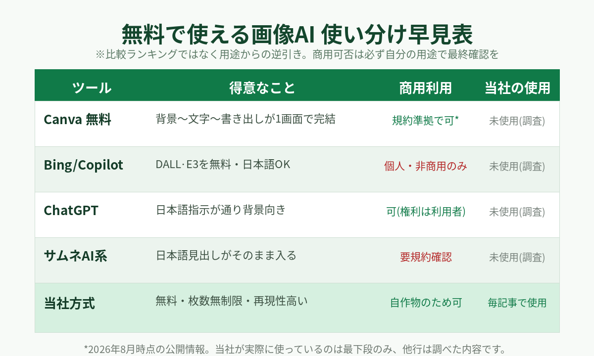 無料の画像AI使い分け早見表。Canva・Bing/Copilot・ChatGPT・サムネAI・当社方式それぞれの得意なこと、商用利用の可否、当社が使っているかを並べた比較表