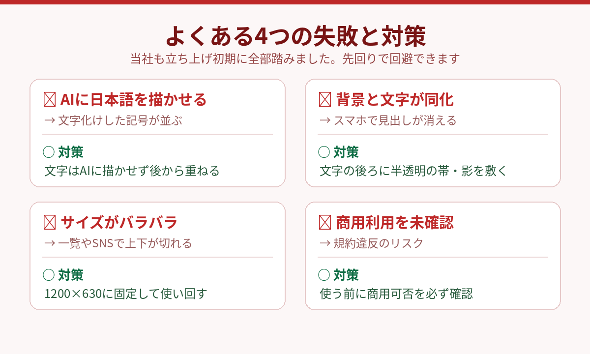 アイキャッチ制作でよくある4つの失敗と対策。日本語の文字化け、背景と文字の同化、サイズ崩れ、商用利用違反のビフォーアフター図